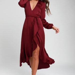 Lulus WAYF Philicia Burgundy Satin Wrap Dress